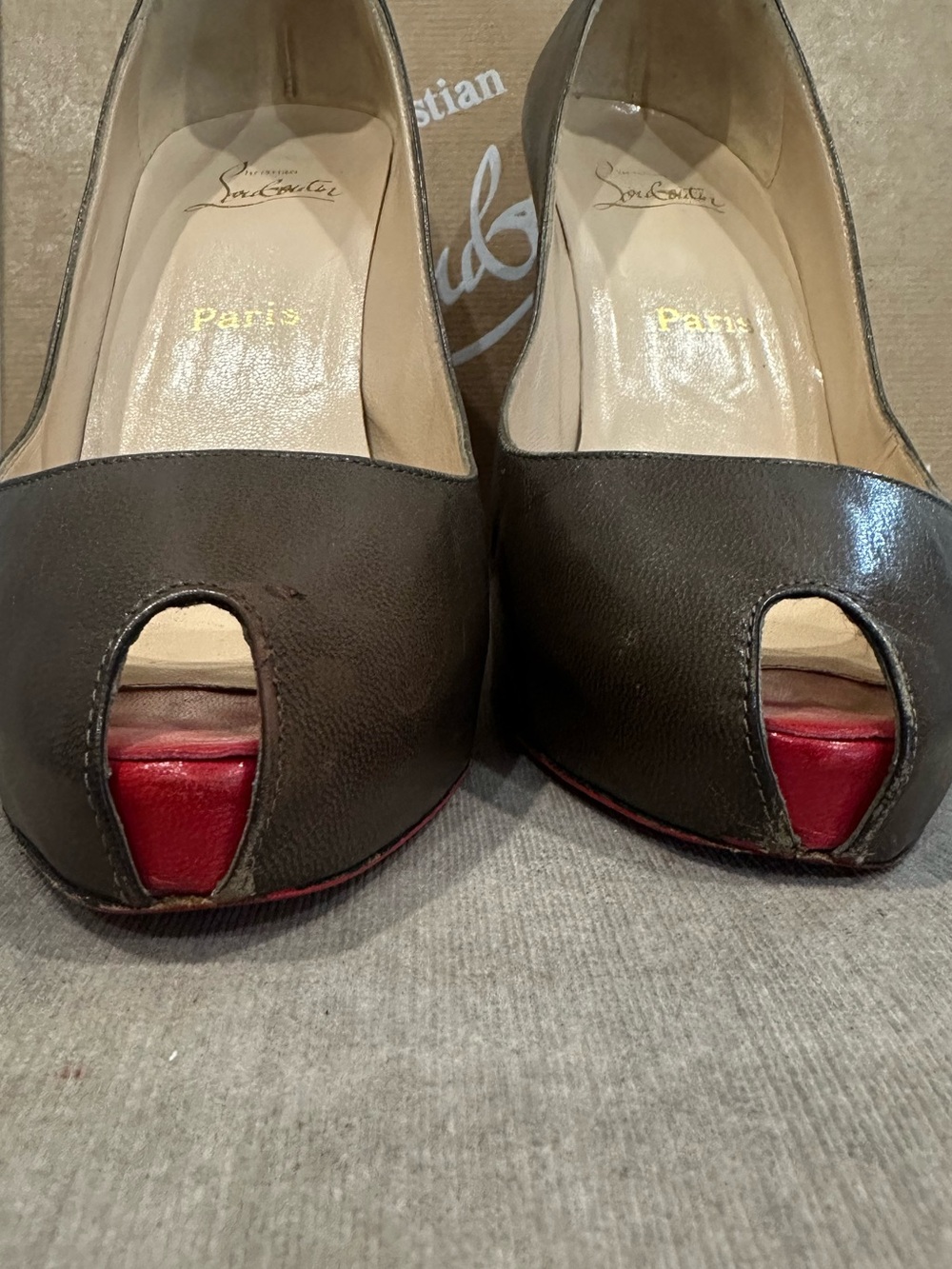 Christian Louboutin Brown Leather Peep-Toe Pump with Red Sole - Picture 3 of 9